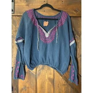 Free People Womens S Blue Embroidered Crop Linen Long Sleeve Shirt